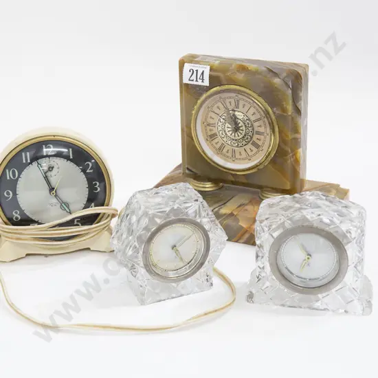 Marble Mantle Clock With Two Crystal Clocks and Other