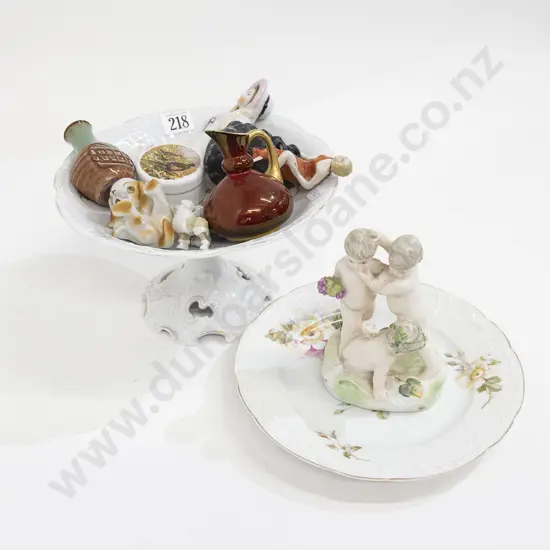 China Half Head and Assorted Figurines on Floral Decorated Comport and Plate