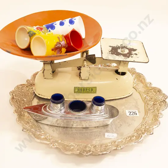Vintage Kitchen Scales Assorted Egg Cups and Chrome Boat Shaped inkwell on S/P Tray