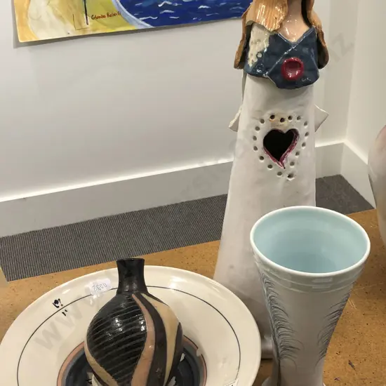 Sue Newitt Pottery Vase with Three Other NZ Pottery Pieces
