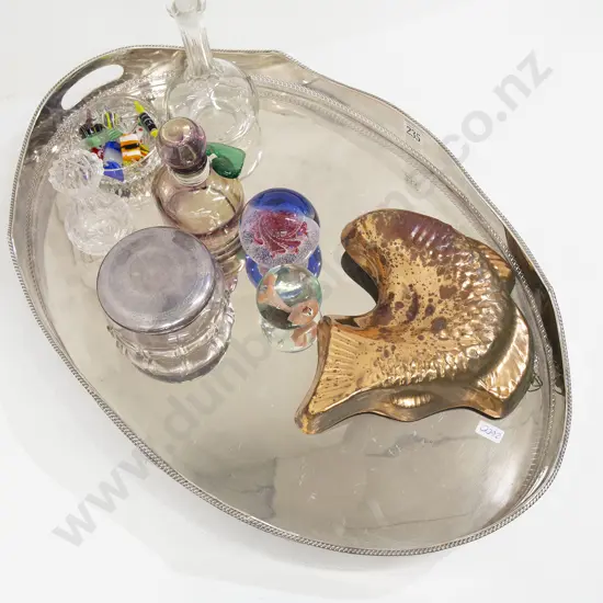 Large S/P Tray with Assorted Glass Ornaments and Copper Fish Mould