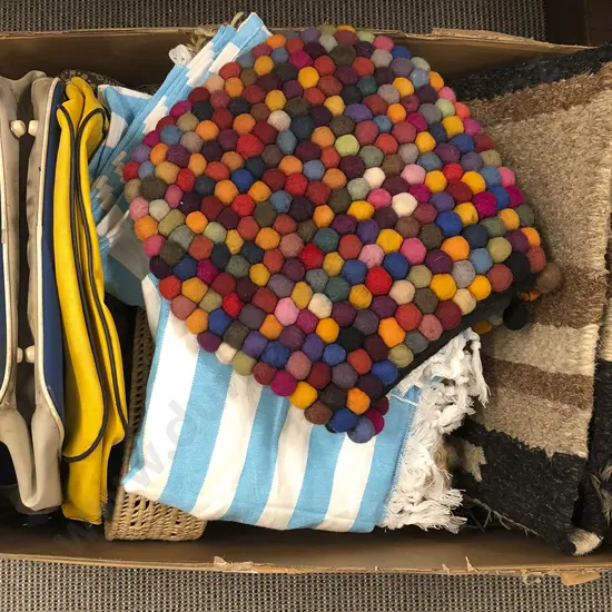 Box Quantity of Assorted Textiles Rugs Bags etc