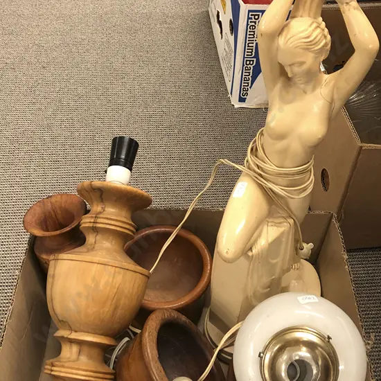 Box of Assorted Lamps and Woodware