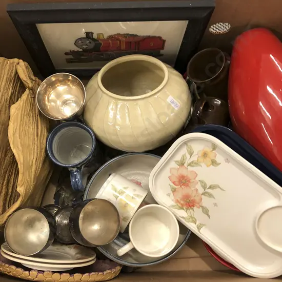 Box of Assorted China and Pottery with Wall Hanging etc