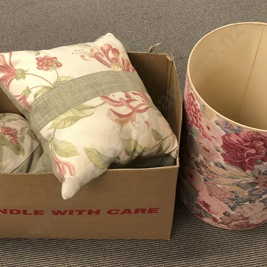 Two Boxes of Assorted Lamps  Lampshades and Cushions