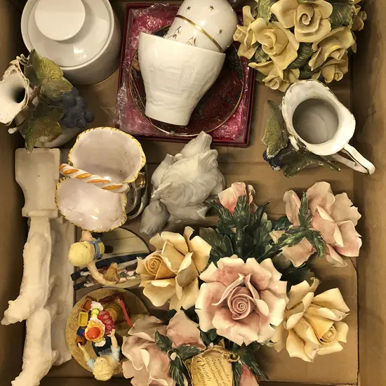 Box of Assorted Floral Ornaments and China
