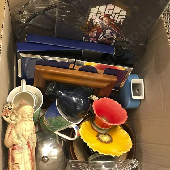 Box of Frames Glassware and Ceramics incl Canon Camera