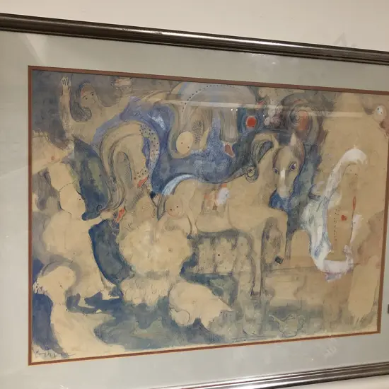 Ellinor Ginn 'White Horse and Friends" watercolour and pencil