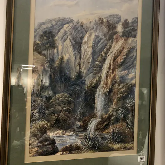 Framed  Waterfall Landscape watercolour heightened with white