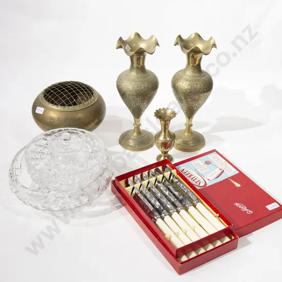 Small Quantity of Assorted Brass and Glassware with Two Boxed Cutlery Sets