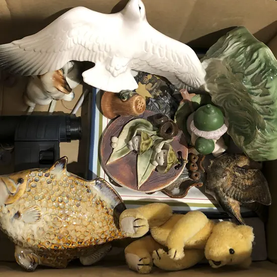 Box of Assorted China Ornaments and Charlie Chaplin Film Reel