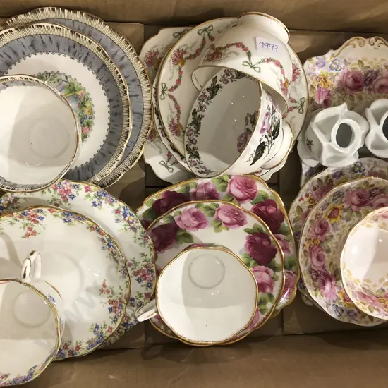 Small Box of Fancy China Trios incl Royal Albert Old English Rose