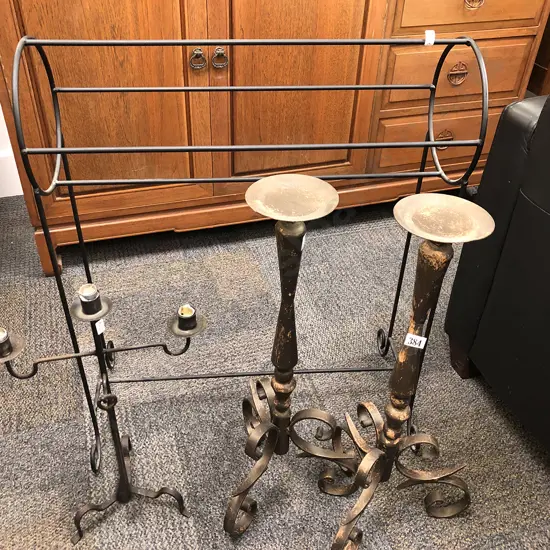 Three Metal Candlesticks Together with Towel Rack