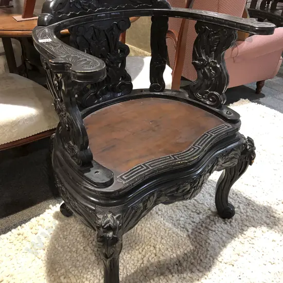 Chinese Black Lacquered and Floral Carved Arm Chair
