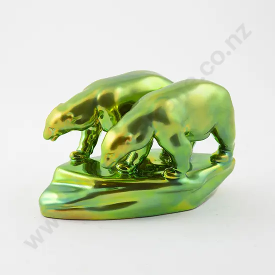 Zsolnay Green Iridescent Polar Bears Figure Group