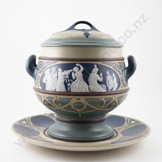 A Fine Mettlach Art Nouveau Pate Sur Pate Soup Tureen & Stand