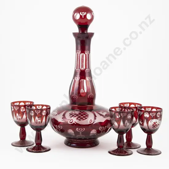 Late C19th Bohemian Ruby Glass Decanter with Five Glasses