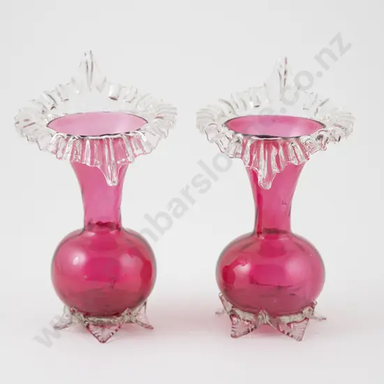 Pair Victorian Cranberry Glass Jack in the Pulpit Vases
