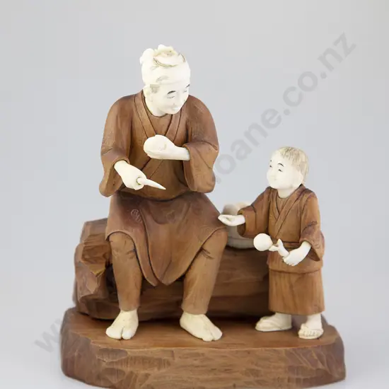 Japanese Carved Ivory & Wood Figure Group