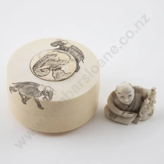Japanese Ivory Lidded Circular Box & Netsuke