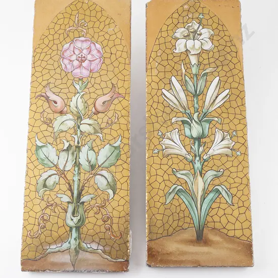 Large Pair Floral Painted & Gilded Tiles