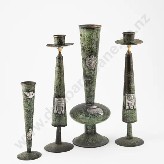 Pair Peruvian Bronze & Silver Overlaid Candlesticks
