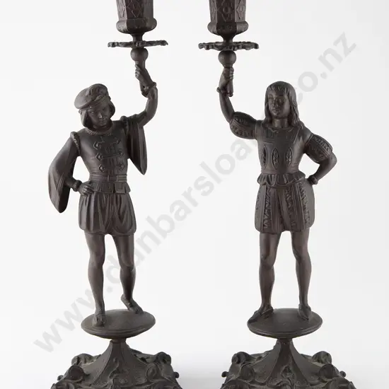 Pair C19th German Patinated Cast Iron Figural Candlesticks