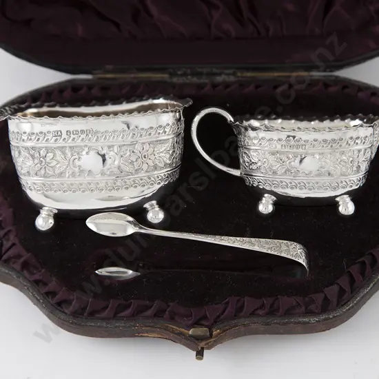 Cased Victorian S/S Three Piece Sugar & Cream Set