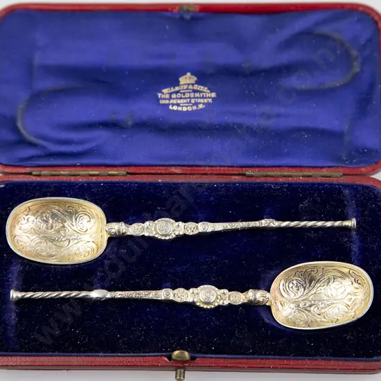 Cased Pair Edw VII S/S Gilt Coronation Spoons