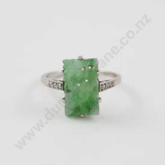 Art Deco All Platinum Carved Jade Panel Ring