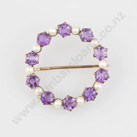 9ct Amethyst and Cultured Pearl Circlet Brooch