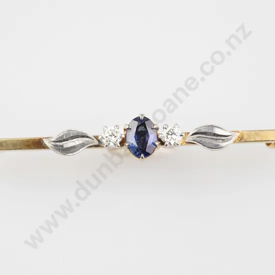 18ct & Platinum Three Stone Sapphire and Diamond Bar Brooch