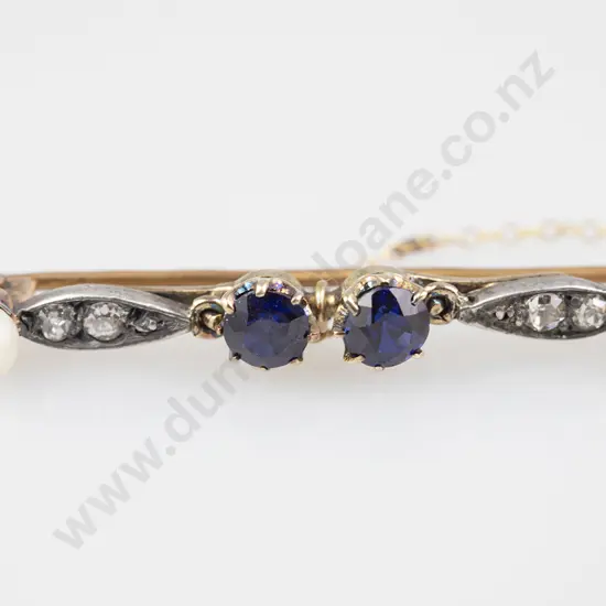 Vintage 9ct & 18ct Sapphire Diamond and Pearl Bar Brooch