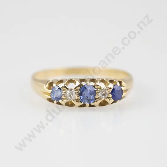 Victorian 15ct Five Stone Sapphire and Diamond Bridge Ring