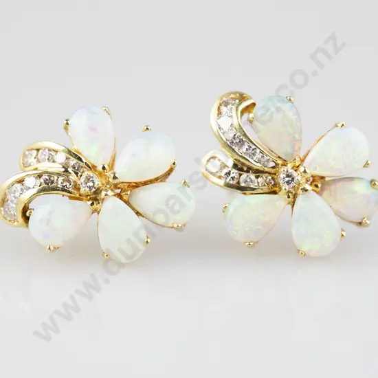 Pair 18ct Opal and Diamond Floret Cluster Earrings