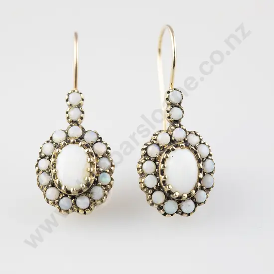 Pair Victorian Style 10ct Milk Opal Cluster Pendant Earrings