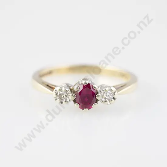 9ct Three Stone Ruby & Diamond Bridge Ring