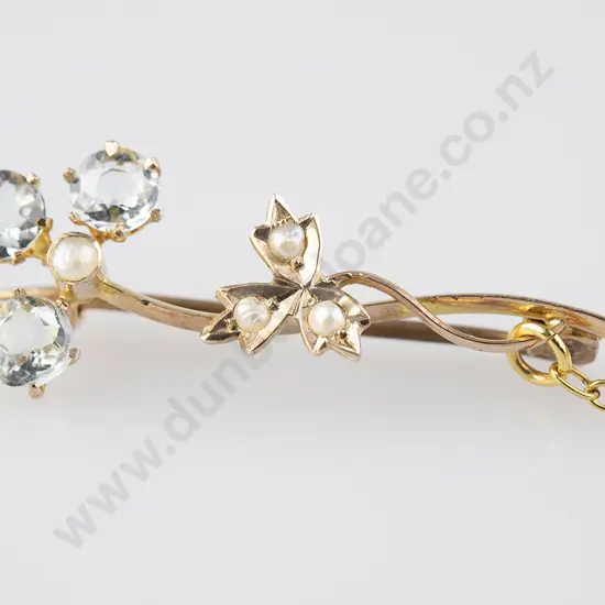 Victorian 9ct Aquamarine and Seed Pearl Bar Brooch