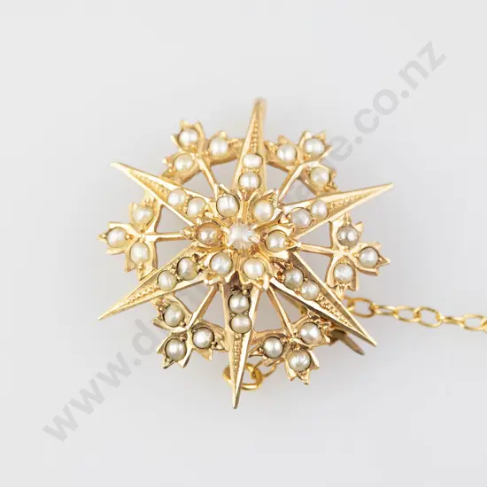 Victorian 9ct Seed Pearl Star Burst Brooch/Pendant