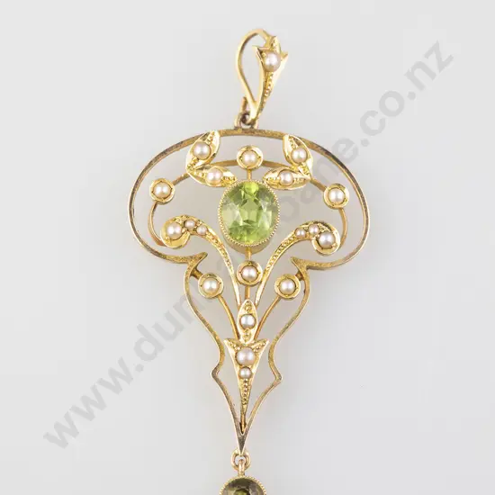 Edwardian 15ct Peridot and Pearl Shield Pendant