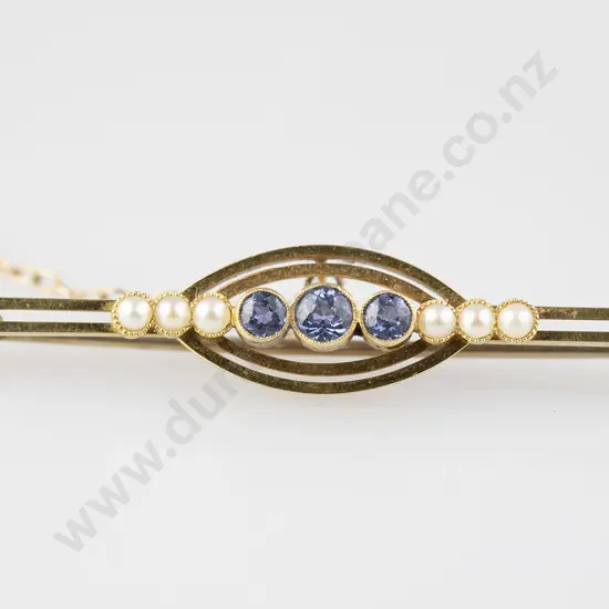 Edwardian 15ct Sapphire and Pearl Bar Brooch