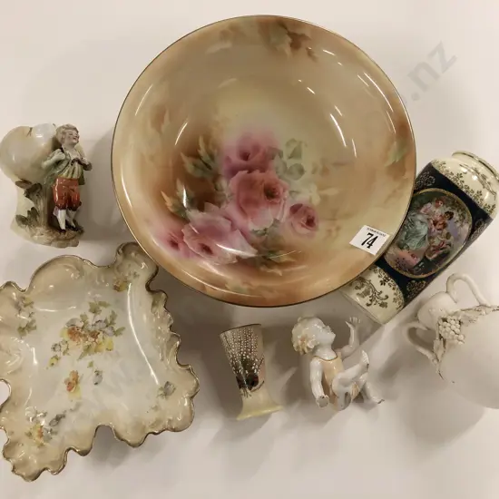 Two China Bowls with Four Vases and Figurine