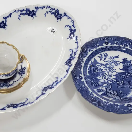 Blue and White Meat Plate with Dinner Plate and Pair of Cup and Saucers