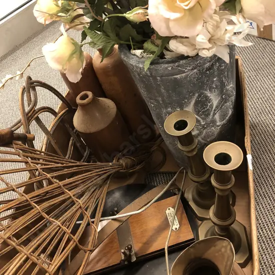Box of Brass Candle Sticks with Tie Press and Wicker Items Etc
