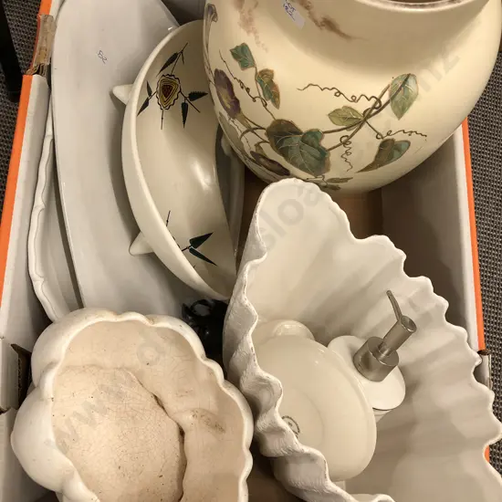 Box With Large Vase and Assorted Bowls