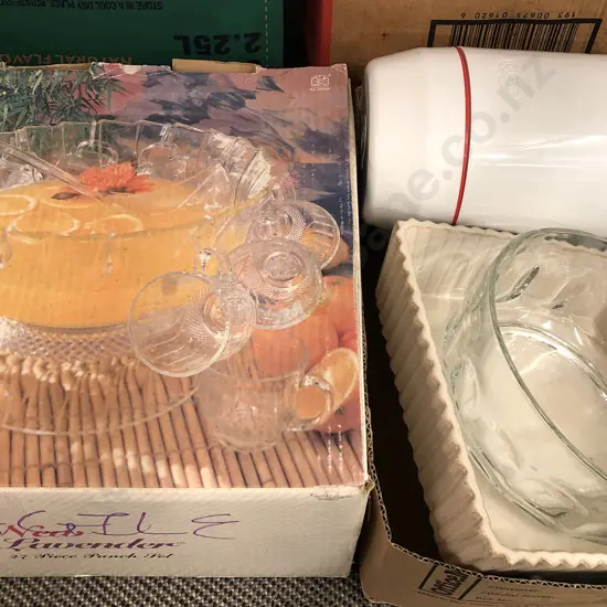 Punch Set with Flask and Oven Dishes Etc