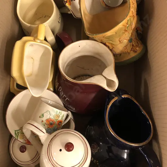 Box of Whiskey and Water Jugs etc