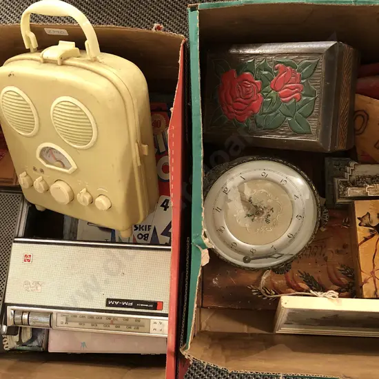 Two Boxes With Mixed Woodware and Small Clock with Radios Etc