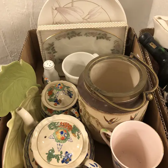 Box of China Including Masons Tea Pot and Sugar Bowl