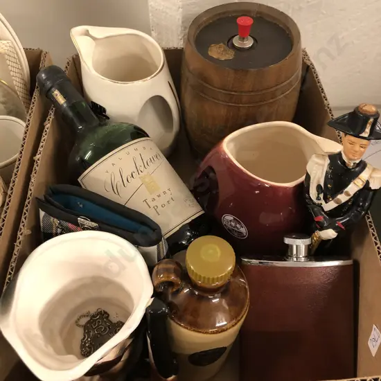 Box of Whiskey advertising and Bottle of Port